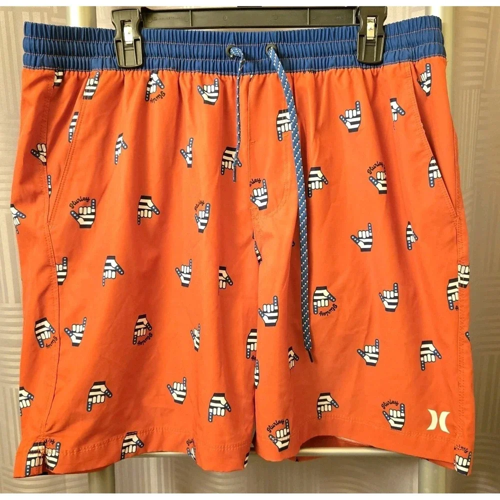 Hurley Men's X-Large Red Hang Ten Hand Symbol Print Elastic Waist Swim Shorts